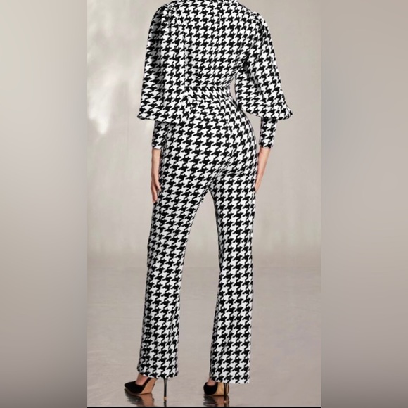 Classic Houndstooth Puffed Cuffed Long Sleeve Collar Belted Jumpsuit Flare Pants - Picture 6 of 6